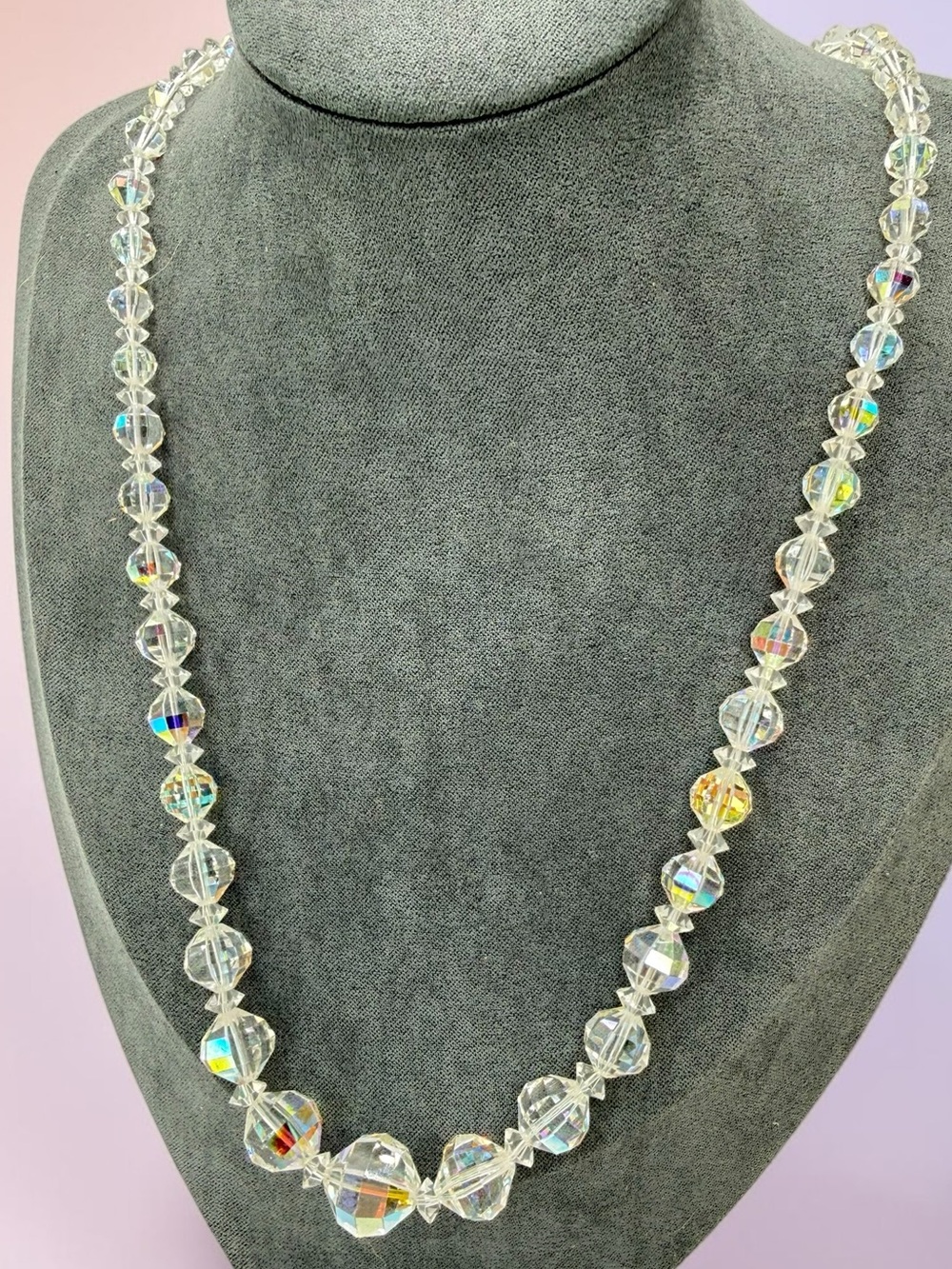 Vintage Laguna AB Crystal Necklace Aurora Borealis Beaded 20-22” Shepherds Hook - Picture 4 of 17